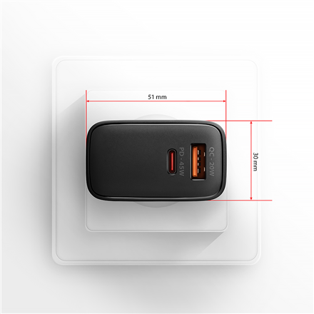 AXAGON GaN sieninis įkroviklis 2x prievadas (USB-A + USB-C), PD3.0/PPS/QC4+/SFC2.0/AFC/SCP/FCP/Apple, 45W | ACU-PQ45