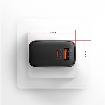 AXAGON GaN sieninis įkroviklis 2x prievadas (USB-A + USB-C), PD3.0/PPS/QC4+/SFC2.0/AFC/SCP/FCP/Apple, 45W | ACU-PQ45