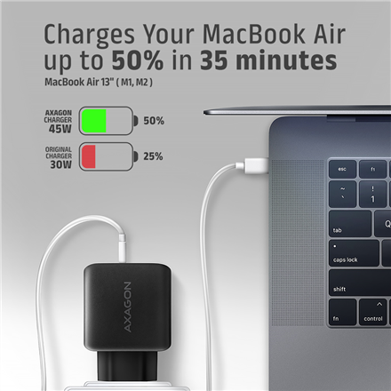 AXAGON GaN sieninis įkroviklis 2x prievadas (USB-A + USB-C), PD3.0/PPS/QC4+/SFC2.0/AFC/SCP/FCP/Apple, 45W | ACU-PQ45