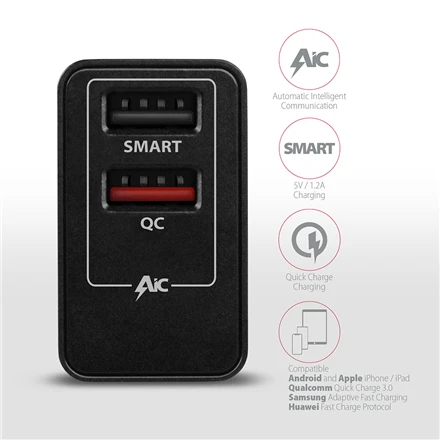 AXAGON Dvigubas sieninis įkroviklis 240V/2x USB prievadas QC3.0/AFC/FCP ir 5V-1.2A, 24W | ACU-QS24