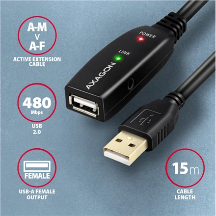 Axagon ADR-215 Aktyvus prailginimas USB 2.0 A-M > A-F laidas, 15 m ilgio. Maitinimo variantas.