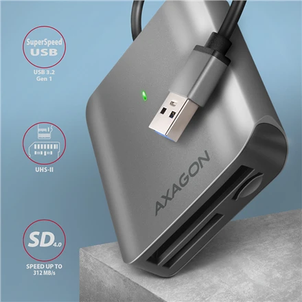 Axagon aliuminio didelės spartos USB-A 3.2 Gen 1 atminties kortelių skaitytuvas. 3 lizdai, UHS-II.