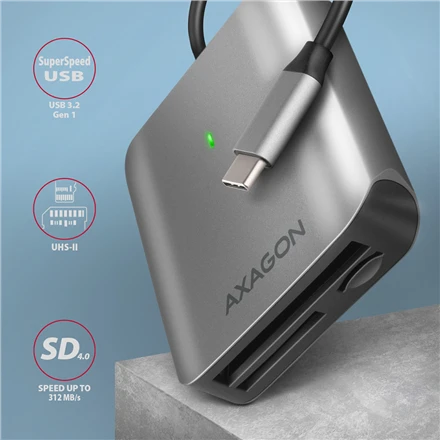 Axagon aliuminio didelės spartos USB-C 3.2 Gen 1 atminties kortelių skaitytuvas. 3 lizdai, UHS-II.