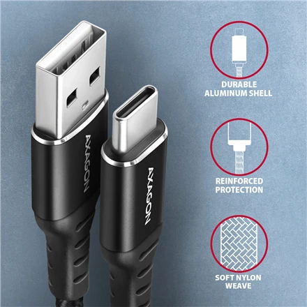 Axagon Data and charging USB 2.0 kabelio ilgis 1 m. 3A. Juodas braided.