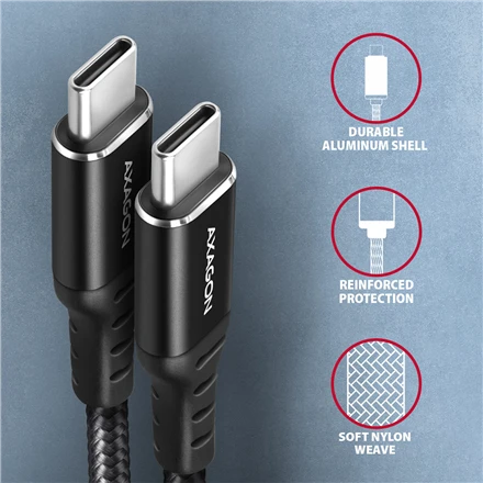 Axagon Data and charging USB 2.0 kabelio ilgis 3 m. 3A. PD 60W, 3A. Juodas braided.