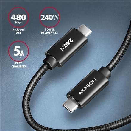 Axagon Data and charging USB 480Mbps kabelio ilgis 2 m. PD 240W, 5A. Juodas braided.