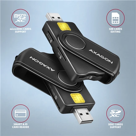 Axagon Compact Travel USB-A + USB-C kontaktas Smart / ID kortelė ir SD / Micro SD / SIM kortelių skaitytuvas.