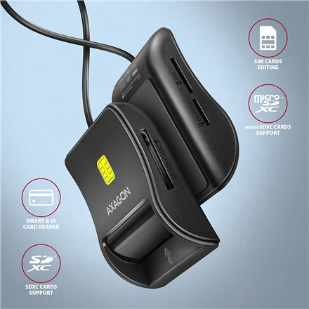 Axagon Compact stalinis USB kontaktas Smart/ID ir SD/Micro SD/SIM kortelių skaitytuvas su ilgu USB-A laidu.
