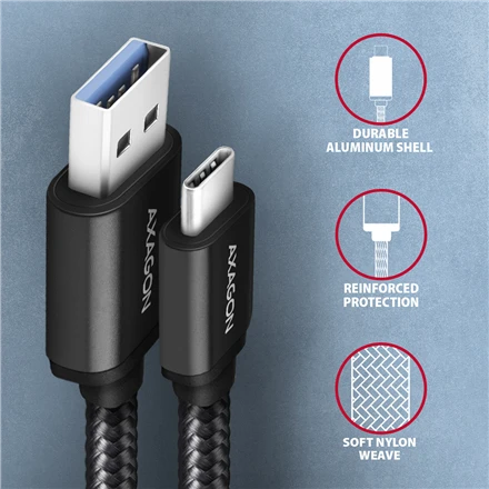 Axagon duomenų ir įkrovimo USB 3.2 Gen1 kabelis, kurio ilgis 2 m. 3A. Juodas pynė.