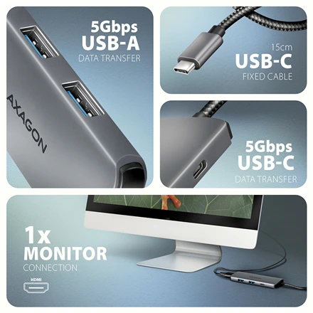 AXAGON HMC-5H USB-C 3.2 Gen 1 šakotuvas, 3x USB-A, 4K HDMI, PD 100W, 100 cm USB-C laidas