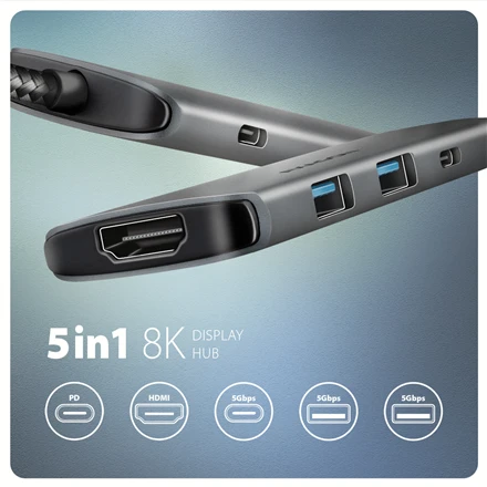 AXAGON HMC-5H USB-C 3.2 Gen 1 šakotuvas, 3x USB-A, 4K HDMI, PD 100W, 100 cm USB-C laidas
