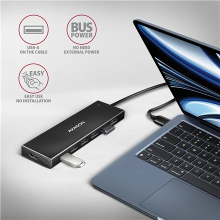 „Axagon“ septynių prievadų USB 3.2 Gen 1 šakotuvas su įkrovimo palaikymu. Jungtis išoriniam maitinimo šaltiniui. USB-A laidas 1 m.