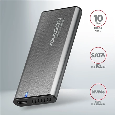 AXAGON išorinė USB-C 3.2 Gen 2 metalinė dėžutė M.2 NVMe ir SATA SSD diskams | EEM2-SG2