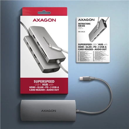AXAGON HMC-8HLSA USB-C 3.2 Gen 1 šakotuvas, 3x USB-A + 4K/30Hz HDMI + SD / Micro SD, GLAN, garsas, PD 100 W, 20 cm USB-C laidas