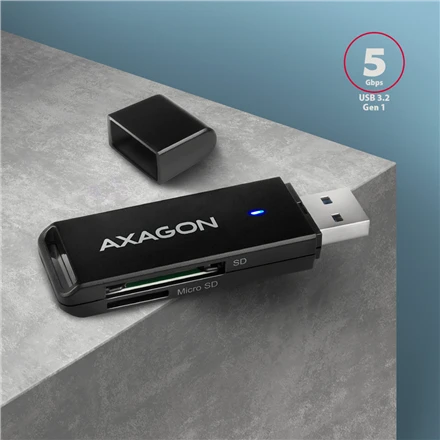 Axagon Slim itin spartus USB 3.2 Gen 1 kortelių skaitytuvas su tiesiogine USB-A jungtimi.