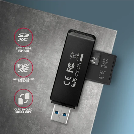 Axagon Slim itin spartus USB 3.2 Gen 1 kortelių skaitytuvas su tiesiogine USB-A jungtimi.