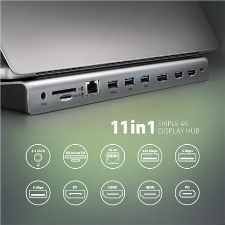 „Axagon“ kelių prievadų USB-C 5Gbps trigubas 4K ekrano šakotuvas HMC-4KX3