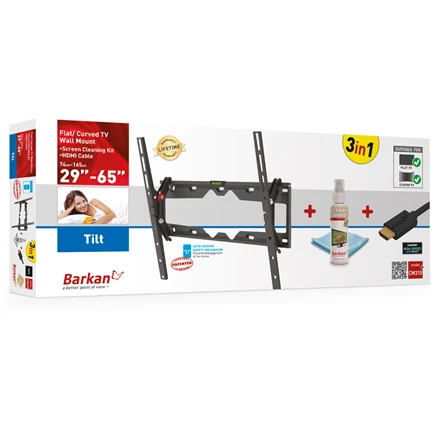 „Barkan 3 in 1 Combo“: plokščias / lenktas televizoriaus laikiklis prie sienos + ekrano valiklis + HDMI laidas CM310+ sieninis laikiklis, pakreiptas, 29–65 colių, maksimalus svoris (talpa) 50 kg, Juodas