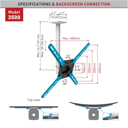 Barkan Flat/ Curved TV Ceiling Mount 3500 Lubinis laikiklis, Full motion, 29-63 ", Maksimalus svoris (talpa) 40 kg, Baltas