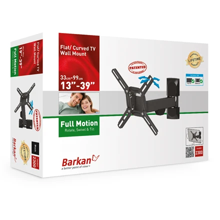 „Barkan“ plokščio/lenkto televizoriaus sieninis laikiklis 2300, pilnai judinamas, 13–39 colių, maksimalus svoris (talpa) 25 kg, Juodas