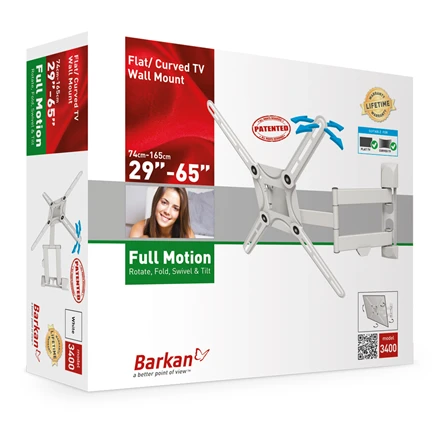 Laikiklis BARKAN 3400W.W 65" lygiam/lenktam TV, 4 lankstų, sieninis, baltas