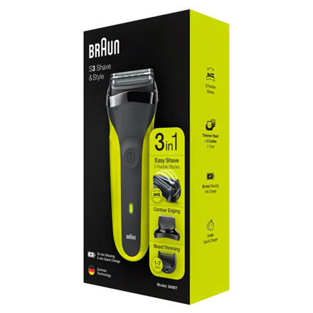 Barzdaskutė Braun | Shaver | Series 3 Shave&Style 300BT | Operating time (max) 30 min | NiMH | Juodas/Žalias