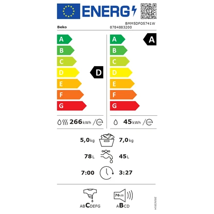 BEKO | Skalbimo mašina su džiovykle | BMM5DFO5741W | Energijos vartojimo efektyvumo klasė A/D | Priekinis pakrovimas | Skalbimo talpa 7kg | 1400 aps./min. | Plotis 52 cm | Plotis 60 cm | LED | Džiovinimo sistema | Džiovinimo talpa 5kg | Garų funkcija | Baltas