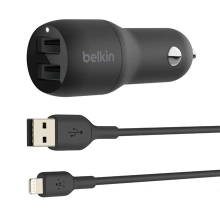 Belkinas | Dvigubas USB-A automobilinis įkroviklis 24W + USB-A prie žaibo kabelis | PAdidinkite įkrovimą