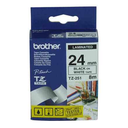 Brother | TZ-251 Laminated Tape | Juodas on Baltas | TZe | 8 m | 2.4 cm