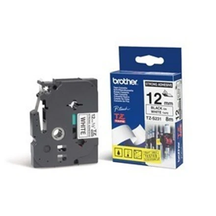 Brother | TZ-S231 Strong Adhesive Laminated Tape | Juodas on Baltas | TZe | 8 m | 1.2 cm