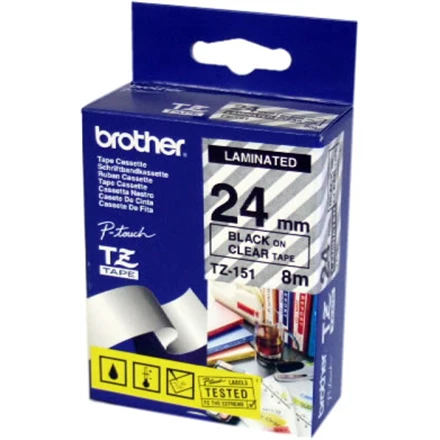 Brother Brolis | TZE-151 laminuota juosta | Juodas ant Clear | TZe | 8 m | 2,4 cm