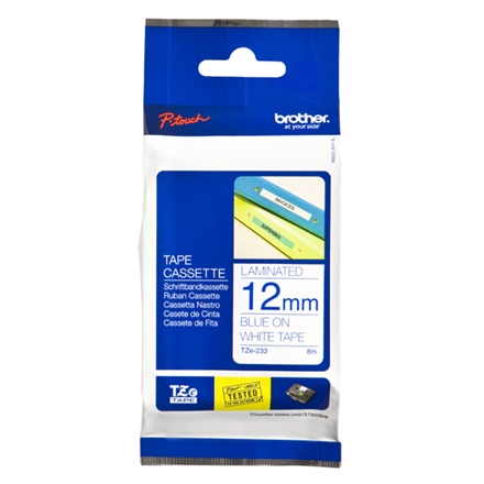 Brother | TZe-233 Laminated Tape | Mėlyna on Baltas | TZe | 8 m | 1.2 cm