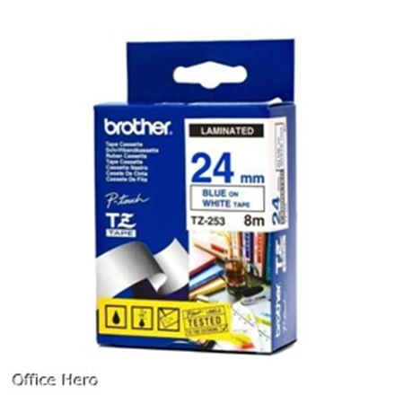 Brother TZe-253 Laminated Tape Mėlyna on Baltas, TZe, 8 m, 2.4 cm