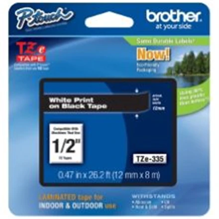 Brother | TZe-335 Laminated Tape | Baltas on Juodas | TZe | 8 m | 1.2 cm