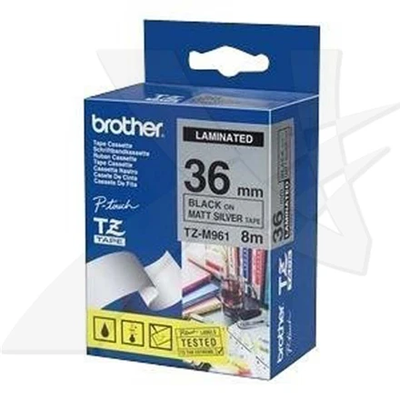 Brother TZe-M961 Metallic Matt Laminated Tape Juodas on Sidabrinis, TZe, 8 m, 3.6 cm