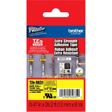 Brother | TZe-S631 Strong Adhesive Laminated Tape | Juodas on Geltona | TZe | 8 m | 1.2 cm