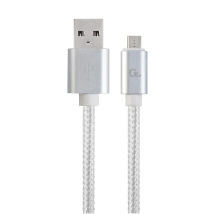 Gembird „Cablexpert“ medvilninis pintas „Micro-USB“ laidas su metalinėmis jungtimis, 1,8 m, sidabrino spalvos, lizdinėje plokštelėje | „Cablexpert“