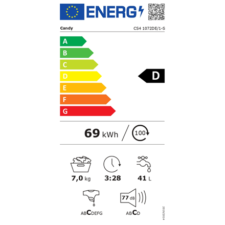 Candy | Skalbimo mašina | CS4 1072DE/1-S | Energy efficiency class D | Front loading | Skalbimo talpa 7kg | 1000 RPM | Gylis 45 cm | Plotis 60 cm | LCD | Baltas