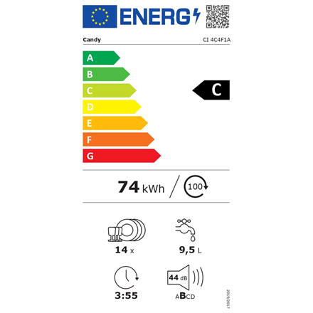 Candy Indaplovė | CI 4C4F1A | Įmontuojama | Plotis 60 cm | Indų komplektų skaičius: 14 | Programų skaičius: 8 | Energijos vartojimo efektyvumo klasė: C | Ekranas