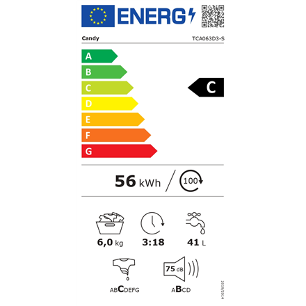 Candy | Skalbimo mašina | TCA063D3-S | Energy efficiency class C | Top loading | Skalbimo talpa 6kg | 1000 RPM | Gylis 60 cm | Plotis 41 cm | Ekranas | Digit | Baltas