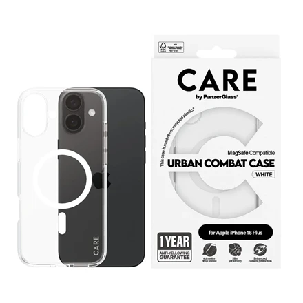„Panzer Glass CARE“ dėklas iš „PanzerGlass“ flagmano | Nugarėlės apsauga | „Apple“ | „iPhone 16 Plus“ | Perdirbta plastikinė plėvelė | Baltas | „MagSafe“