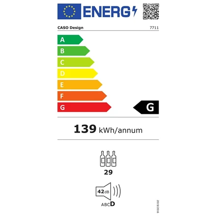 „Caso“ vyno aušintuvas „WineDeluxe E29“ Energijos vartojimo efektyvumo klasė G Įmontuojamas Butelių talpa 29 buteliai Aušinimo tipas Kompresorinė technologija Juodas