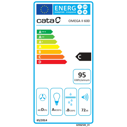 CATA | Gartraukis | OMEGA 600 BK | Tvirtinamas prie sienos | Energijos vartojimo efektyvumo klasė C | Plotis 60 cm | 645 m³/h | Mechaninis | LED | Juodas