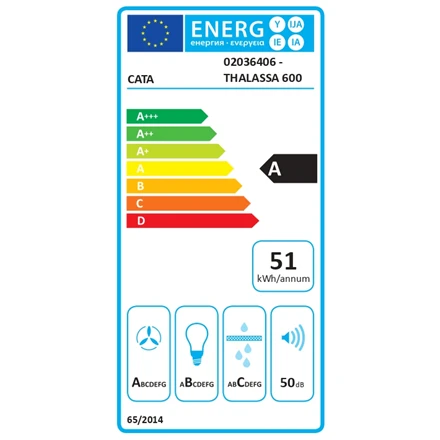 CATA Hood | THALASSA 600 GBK | Wall mounted | Energy efficiency class A | Plotis 60 cm | 811 m³/h | Electronic | LED | Juodas Glass