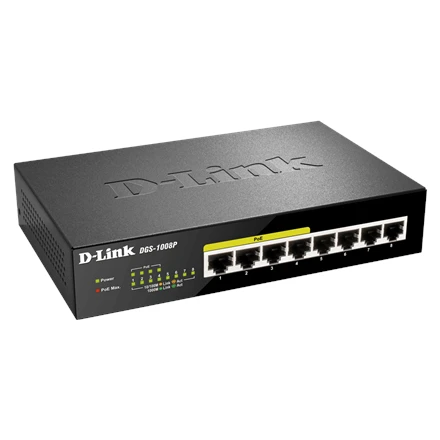 Šakotuvas D-Link Switch DGS-1008P Nevaldomas, Stalinis, 1 Gbps (RJ-45) jungtys kiekis 8, Maitinimo tipas Išorinis