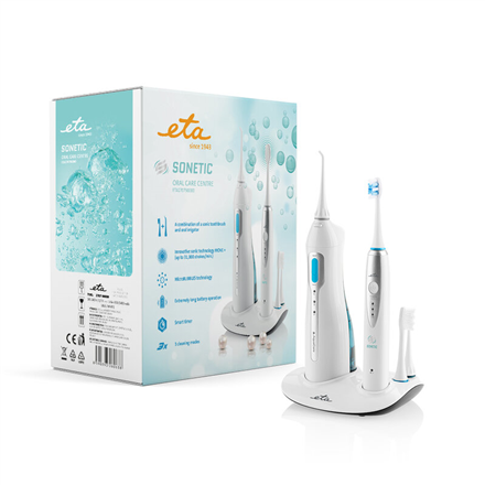 ETA | Oral care centre (sonic dantų šepetėlis+oral irrigator) | ETA 2707 90000 | Įkraunamas | Suaugusiems | Šepetėlių skaičius galvutės įeina 3 | Number of teeth brushing modes 3 | Sonic technology | Baltas