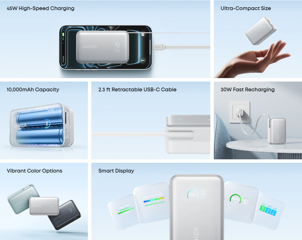 „Anker Nano“ išorinė baterija, 45 W, su integruotu ištraukiamu USB-C laidu | A1638H21 | 10000 mAh | Baltas aprašymas - Prekės nuotrauka