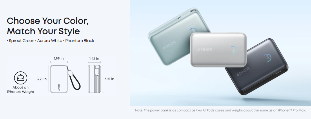 „Anker Nano“ išorinė baterija, 45 W, su integruotu ištraukiamu USB-C laidu | A1638H21 | 10000 mAh | Baltas aprašymas - Prekės nuotrauka