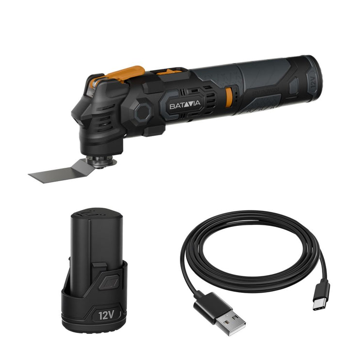 Akumuliatorinis daugiafunkcis pjovimo ir šlifavimo įrankis Batavia 12 V – „Fixxpack 2.0“ rinkinys (su 2.0 Ah baterija Ir USB-C įkrovimo laidu) aprašymas - Prekės nuotrauka