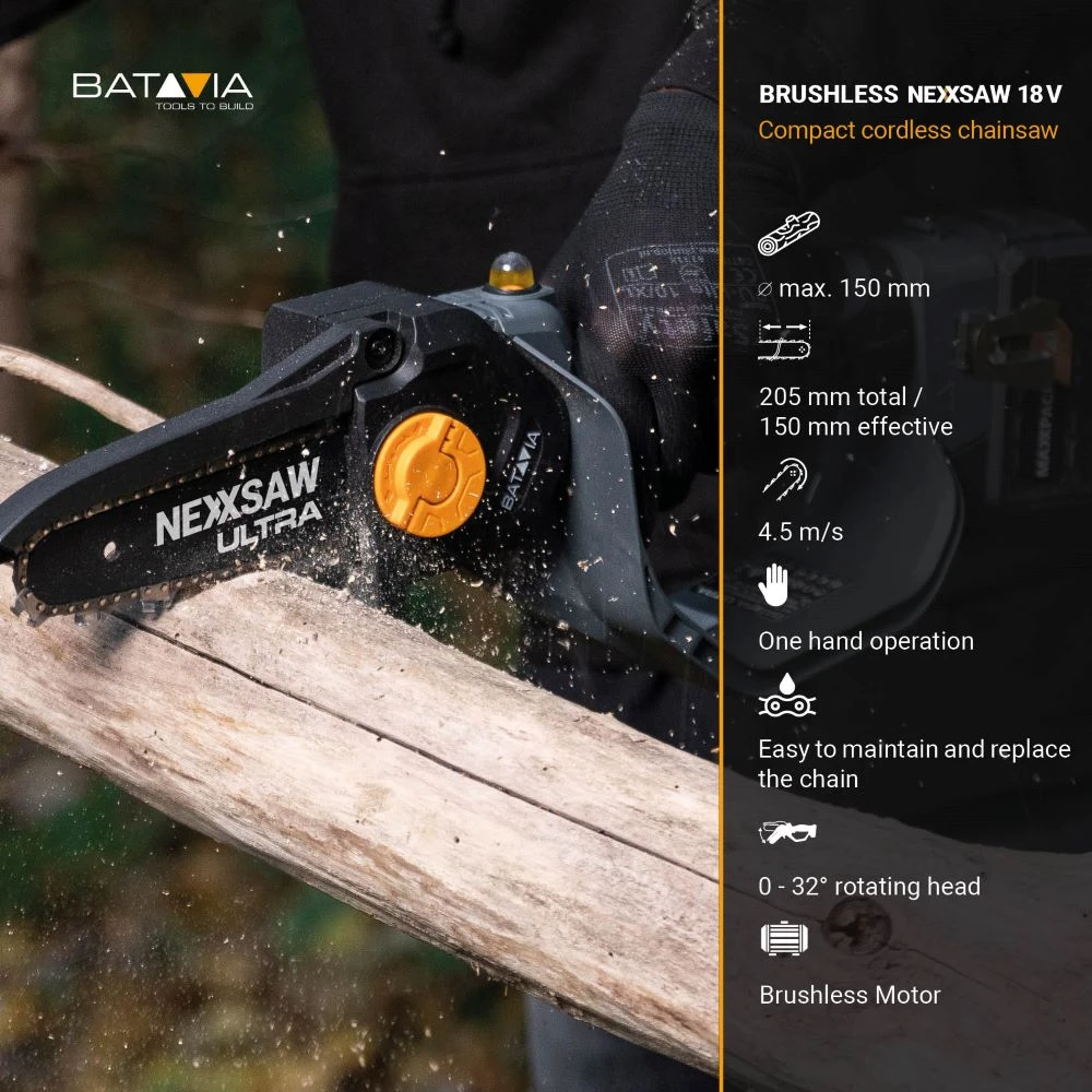 Batavia Bv Akumuliatorinis bešepetėlinis grandininis pjūklas Batavia Nexxsaw 18 V, 17.78 cm aprašymas - Prekės nuotrauka